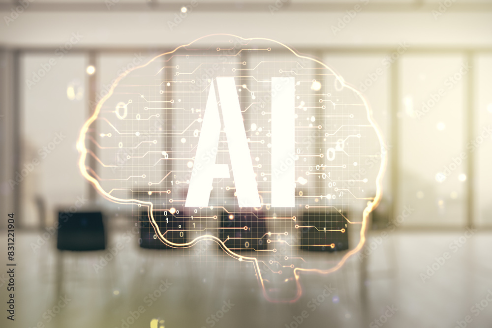 Poster double exposure of creative artificial intelligence interface on a modern meeting room background. n