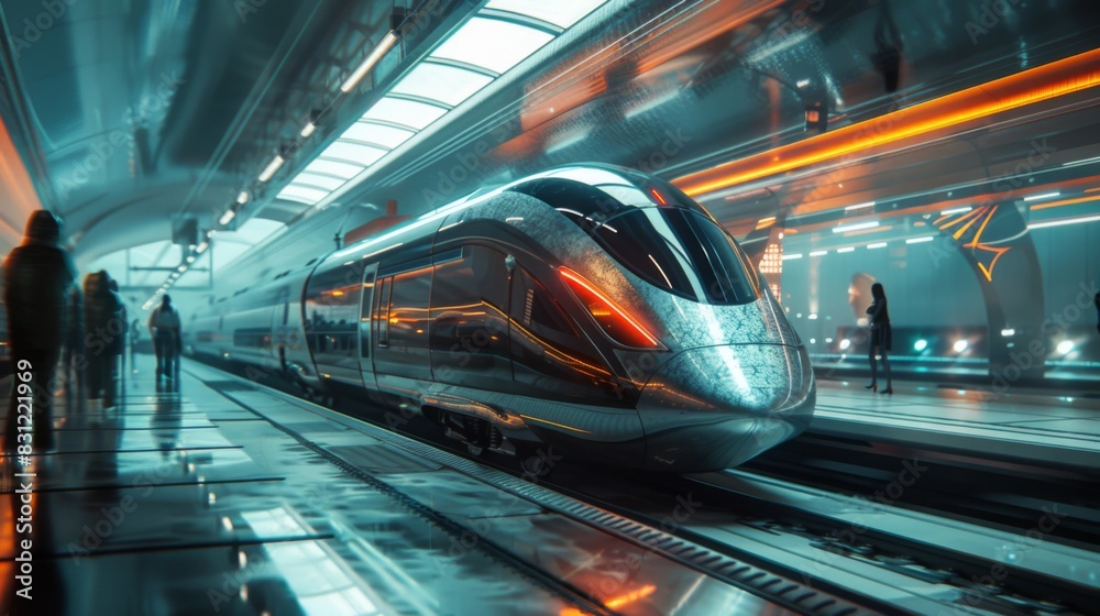 Poster high-speed train arriving at a futuristic station, with sleek architecture and passengers waiting, h