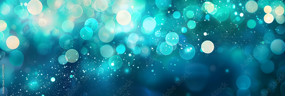 Wall mural Glowing teal background with abstract blue bokeh perfect for a holiday concept Copy space image for a banner