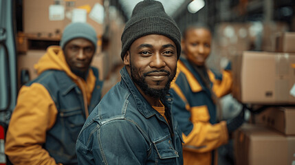 Fototapeta premium Uniformed Installation Workers Unloading Boxes and Loading Furniture for Delivery