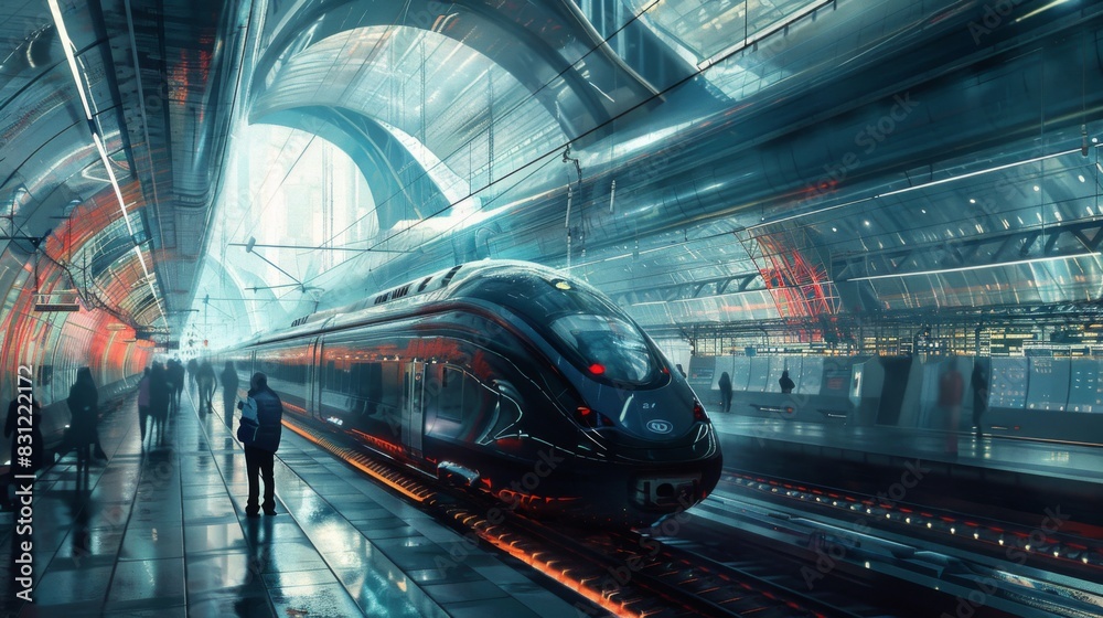 Poster high-speed train arriving at a futuristic station, with sleek architecture and passengers waiting, h