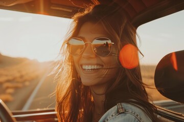Naklejka premium Smiling young woman enjoying a sunset car ride