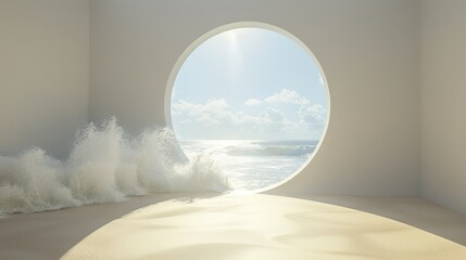 Tranquil seaside view through a modern circular window