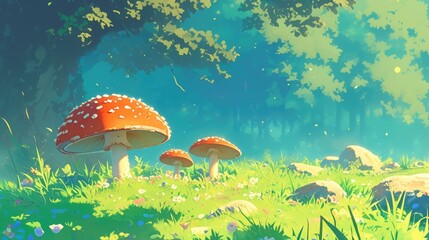 Obraz premium An enchanting scene unfolds as two toadstools emerge from the lush grass against a vibrant green backdrop