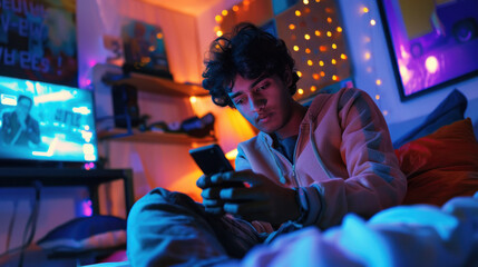 Obraz premium young man using smartphone at late night