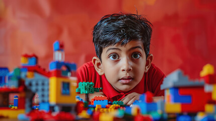 Indian happy kid creating lego house on study table red background