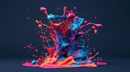 Obraz premium Colorful abstract paint splash dark background, vibrant fluid art blue, pink, orange hues, creative dynamic visual