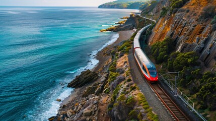 High-speed train gliding along a coastal track, with the ocean on one side and cliffs on the other,...