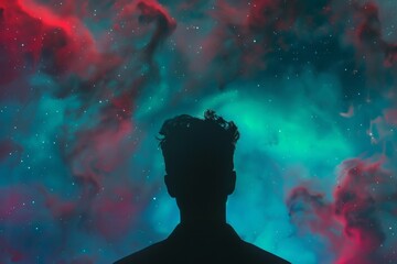 Silhouette of a young adult man against a vibrant cosmic background