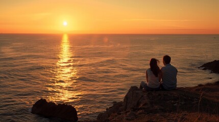 A couple sharing a romantic moment as they watch the sunset from a seaside cliff, copy space
