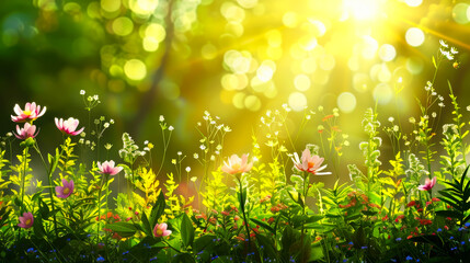 Nature background with wild flowers in sunlight illustration.