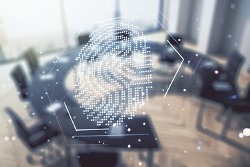 Abstract virtual fingerprint hologram on a modern conference room background. Multiexposure
