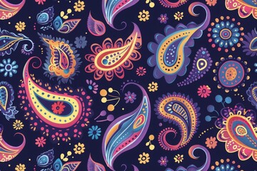 Obraz premium Colorful paisley pattern with floral elements on a dark background. Perfect for textiles, wallpaper, and design projects.