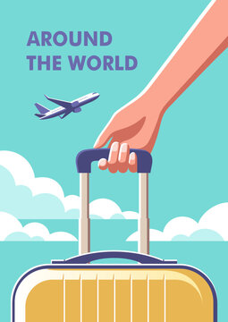 Woman holding a suitcase in her hand close-up and a airplane taking off. Concept of vacation and travel. Vector illustration in minimalist style.
