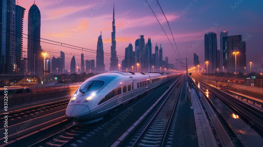 Poster high-speed train in motion at dusk, with city lights beginning to twinkle, creating a stunning contr