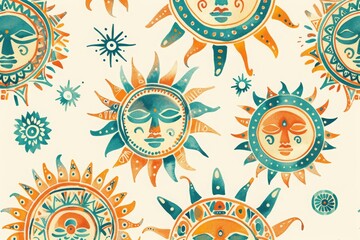 Colorful sun illustrations with tribal designs in a pattern, creating a vibrant and unique visual background.