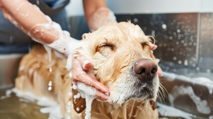 Pet groomer bathing a dog in a pet salon