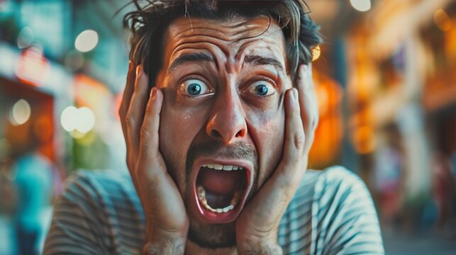 Horror on the face of a speculator/trader because a meme stock has lost significant value, 16:9 