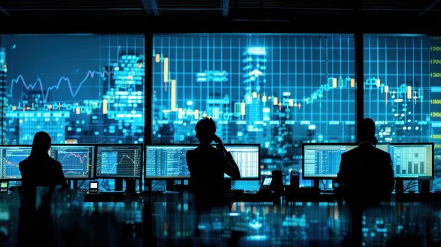Silhouettes of business professionals in a financial setting, with figures working at desks filled with monitors displaying stock charts, one person is on a phone, and another is reviewing documents.