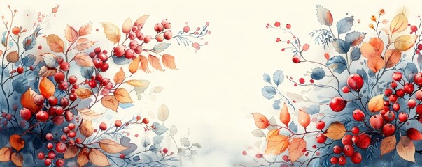 Autumn berries and leaves watercolor panorama