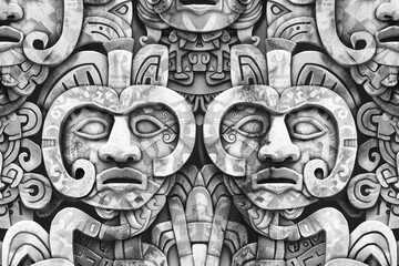 Detailed grayscale stone carving of ancient symmetrical masks with intricate patterns and cultural significance.