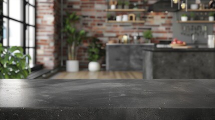 Black kitchen countertop against the background of the interior. Modern empty concrete tabletop surface for product presentation.