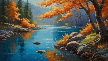 Orange autumn trees reflect their beauty on a calm blue river