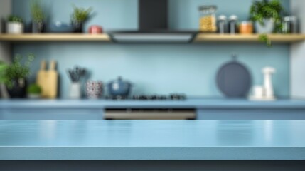 Kitchen with an empty blue countertop against a blurred background of a modern interior. Tabletop for product presentation. Clean mockup for food or laundry detergent, washing.