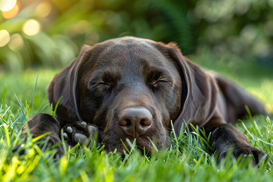 black lab puppy lying down in a grass lawn with her paws on each side of her a squished face and closed eyes. 
