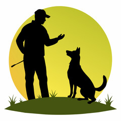 Professional Dog Trainer Guiding Dog on Field - Silhouette Vector Art