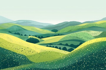 Illustrated green rolling hills with various shades, showcasing tranquil countryside scenery under a clear sky.