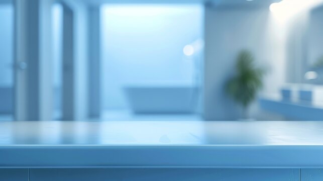 Bathroom with blue empty countertop on blur background. Tabletop in a modern interior for product presentation. Mockup of a clean surface for a beauty sphere.