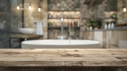 Wooden countertop against the background of the bathroom. Empty tabletop with podium for product presentation. Platform mockup with brick tiles.