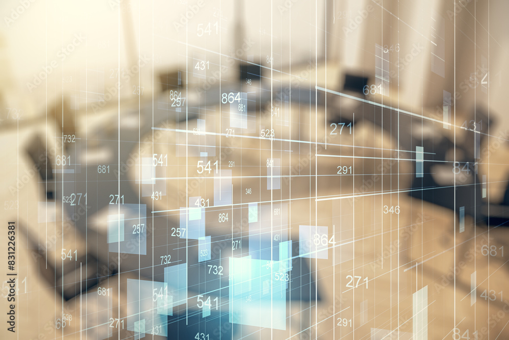 Poster abstract virtual analytics data spreadsheet on a modern coworking room background, analytics and ana