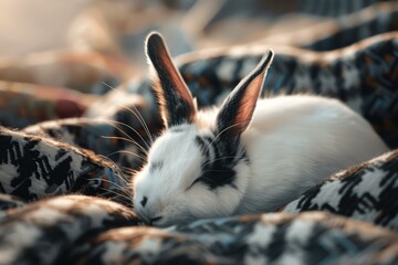 Adorable rabbit napping serenely on a textured quilt in warm sunlight