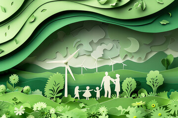 Paper cut design of a multigenerational family celebrating a special occasion in a green environment with renewable energy installations like wind farms and solar arrays visible in the background.