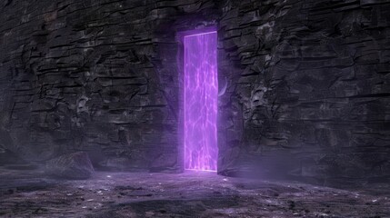 Mysterious purple portal in a dark rocky landscape
