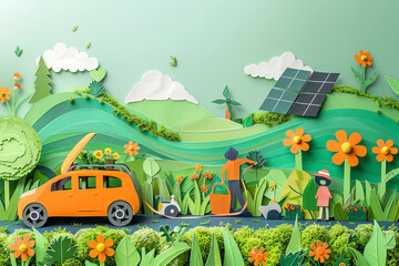 Fototapeta premium Paper cut scene of a family gardening together in their backyard with an electric vehicle charging in the driveway and solar panels on the roof, highlighting of renewable energy in daily life.