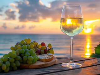 Glass of white wine next to plate of grapes