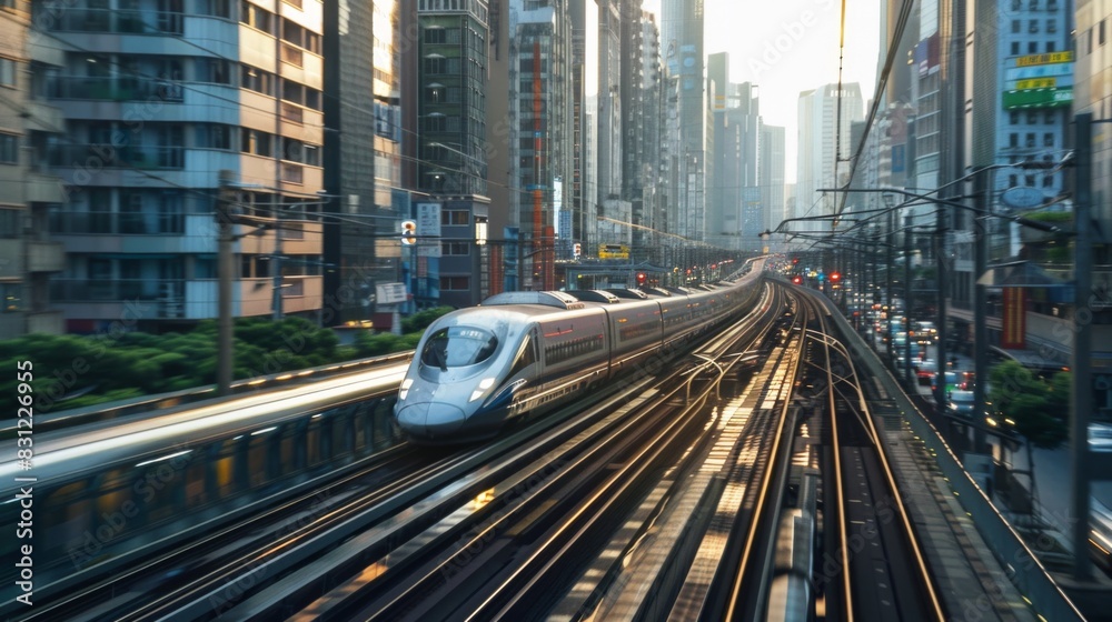 Poster high-speed train speeding through a metropolitan area, with skyscrapers and busy streets, showcasing