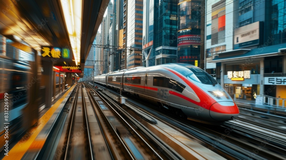 Poster High-speed train speeding through a metropolitan area, with skyscrapers and busy streets, showcasing the integration of advanced rail systems in urban environments