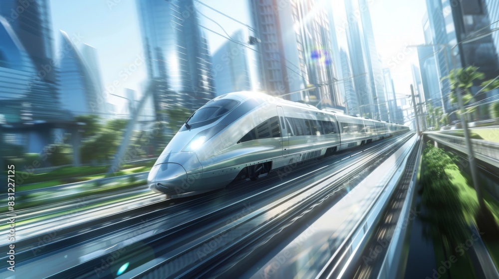 Poster high-speed train speeding through a metropolitan area, with skyscrapers and busy streets, showcasing