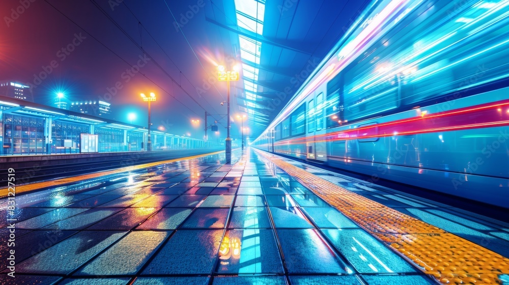 Aufkleber high-speed train station at night, with vibrant lights and reflections on the platform, creating a d