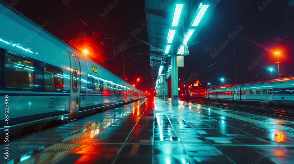 Poster high-speed train station at night, with vibrant lights and reflections on the platform, creating a d