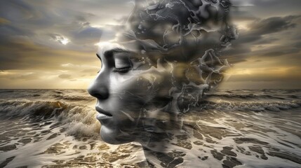 Tranquil dreamscape with serene female face merging into sunset beach waters - Powered by Adobe