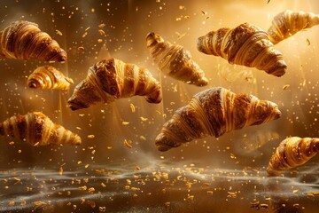 Golden croissants in flight with magical sparkle