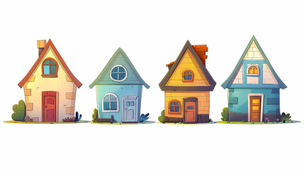 Fototapeta premium set Classic and modern family house residential apartment buildings. Real estate home property. Set Contemporary standard suburban urban village style with gable and flat roof solar panels.