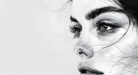 Fototapeta premium Pencil woman portrait sketch on a white paper.