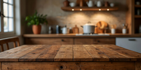 Empty wooden table against blurred background of warm, inviting kitchen elements