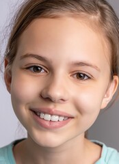 child sitting on a dentist chair, kid with white teeth in a dental studio, little patient in a clinic, beautiful smile